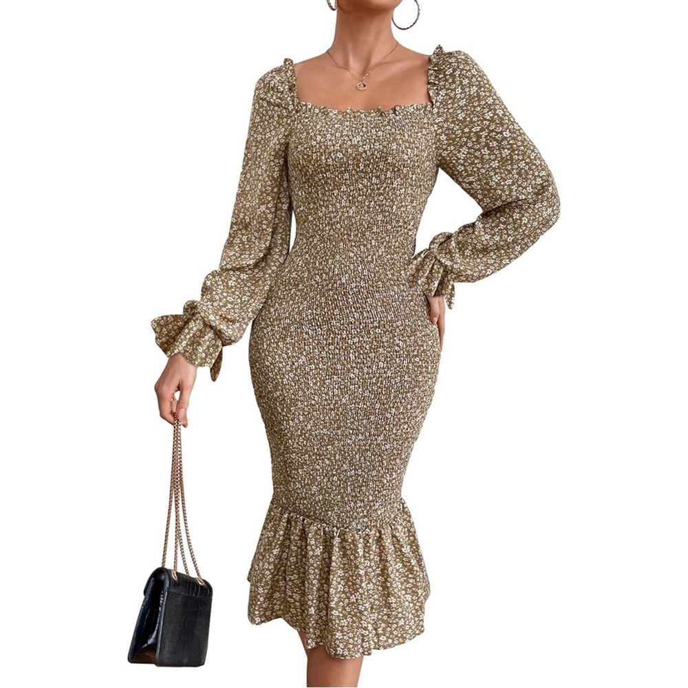 PRETTYGARDEN Floral Smocked Bodycon Long Sleeve Dress